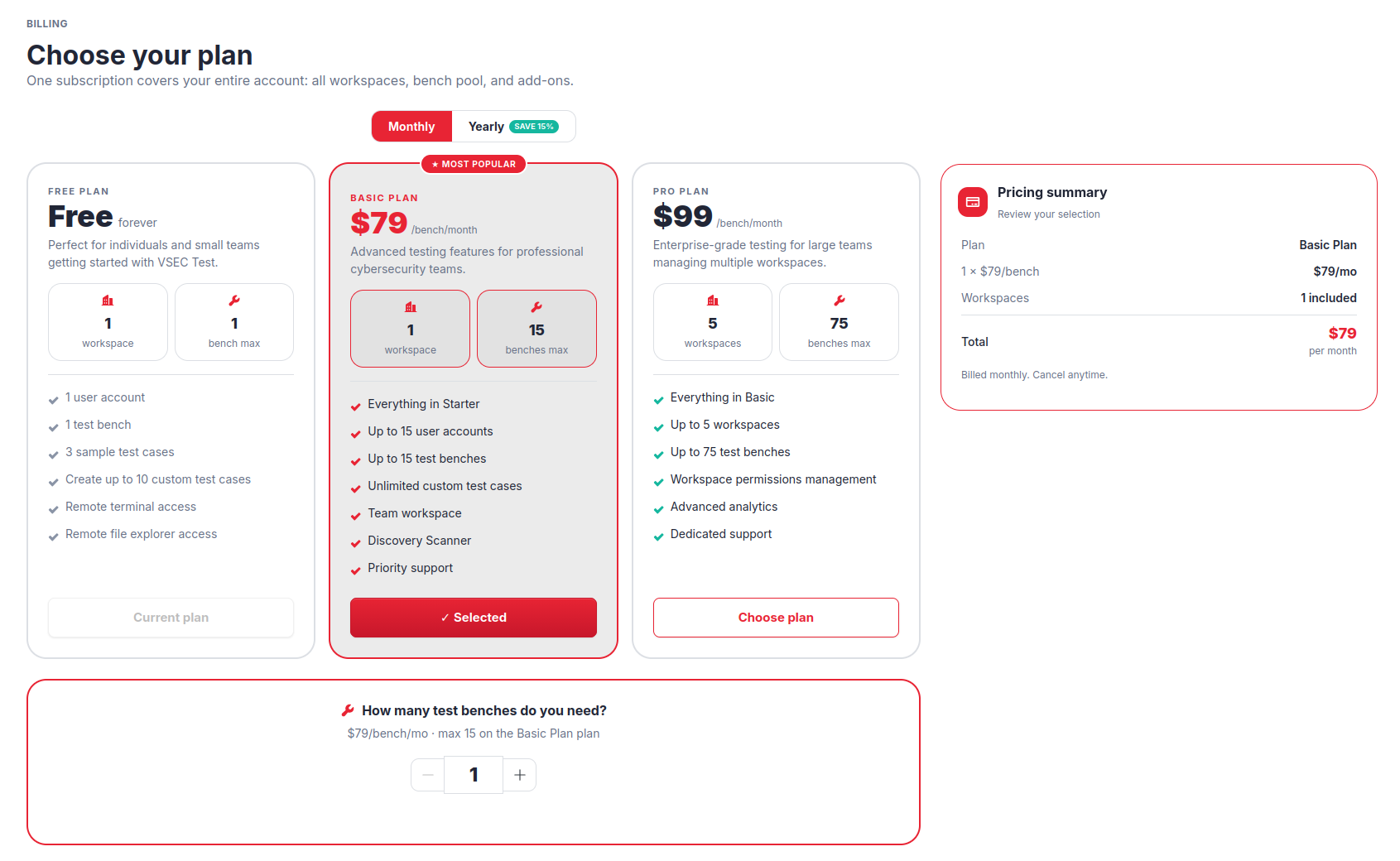 Billing — plan picker
