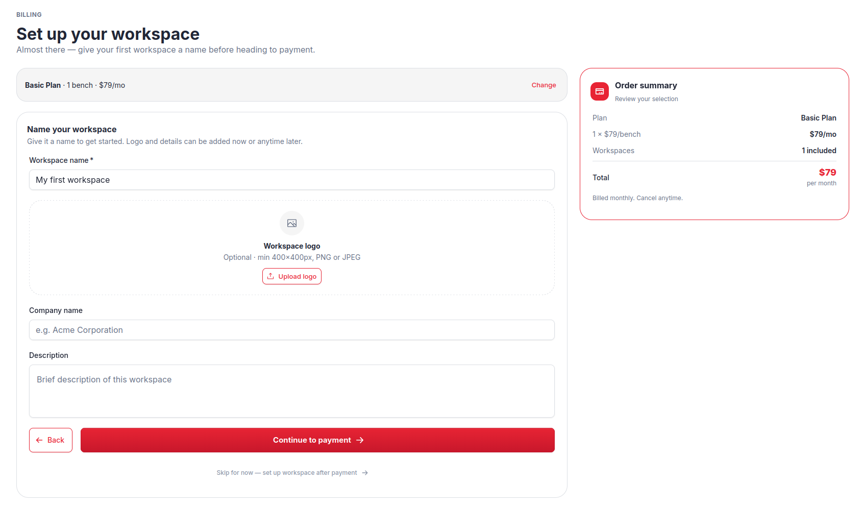 Billing — workspace setup